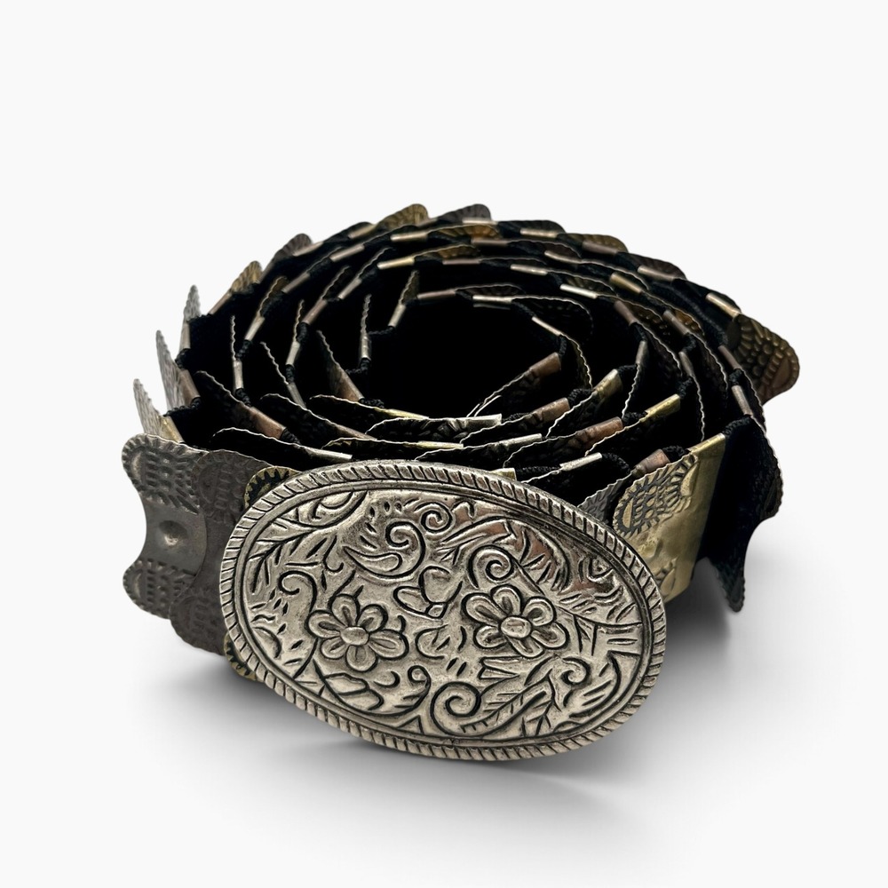 Vintage Mixed Metal Floral Engraved Buckle Elastic Stretch Belt Boho Western